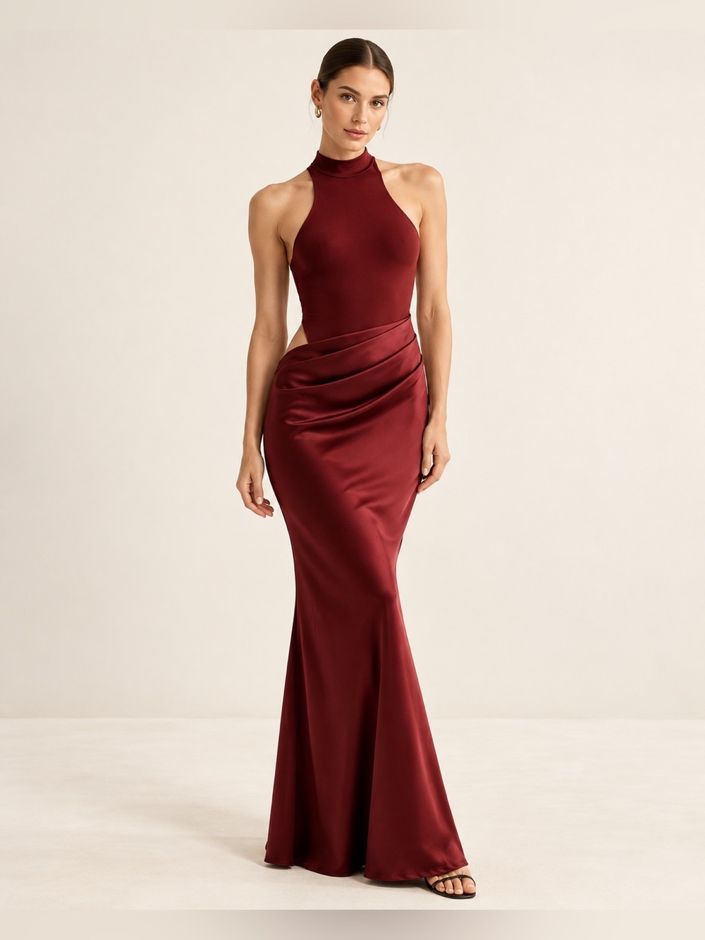 Commense Cutout Panel Sexy Slim Dress in Burgundy - Size XS